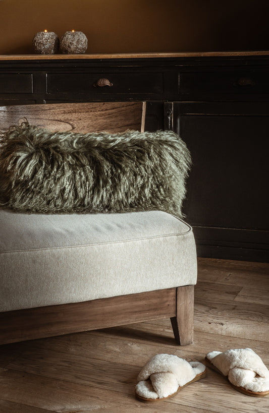 Coussin en peau de mouton Tibétain - Vert foncé