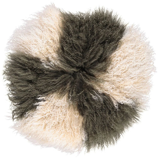 Coussin en peau de mouton Tibétain - Kaki et crème Ø45